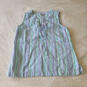 Tommy Bahama Striped Linen Sleeveless Top Lace-Up Small Blue White Green Resort